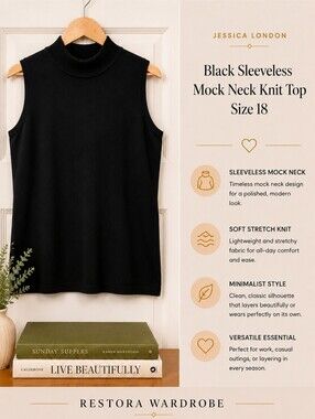 Jessica London Black Sleeveless Turtleneck Knit Top Size 18